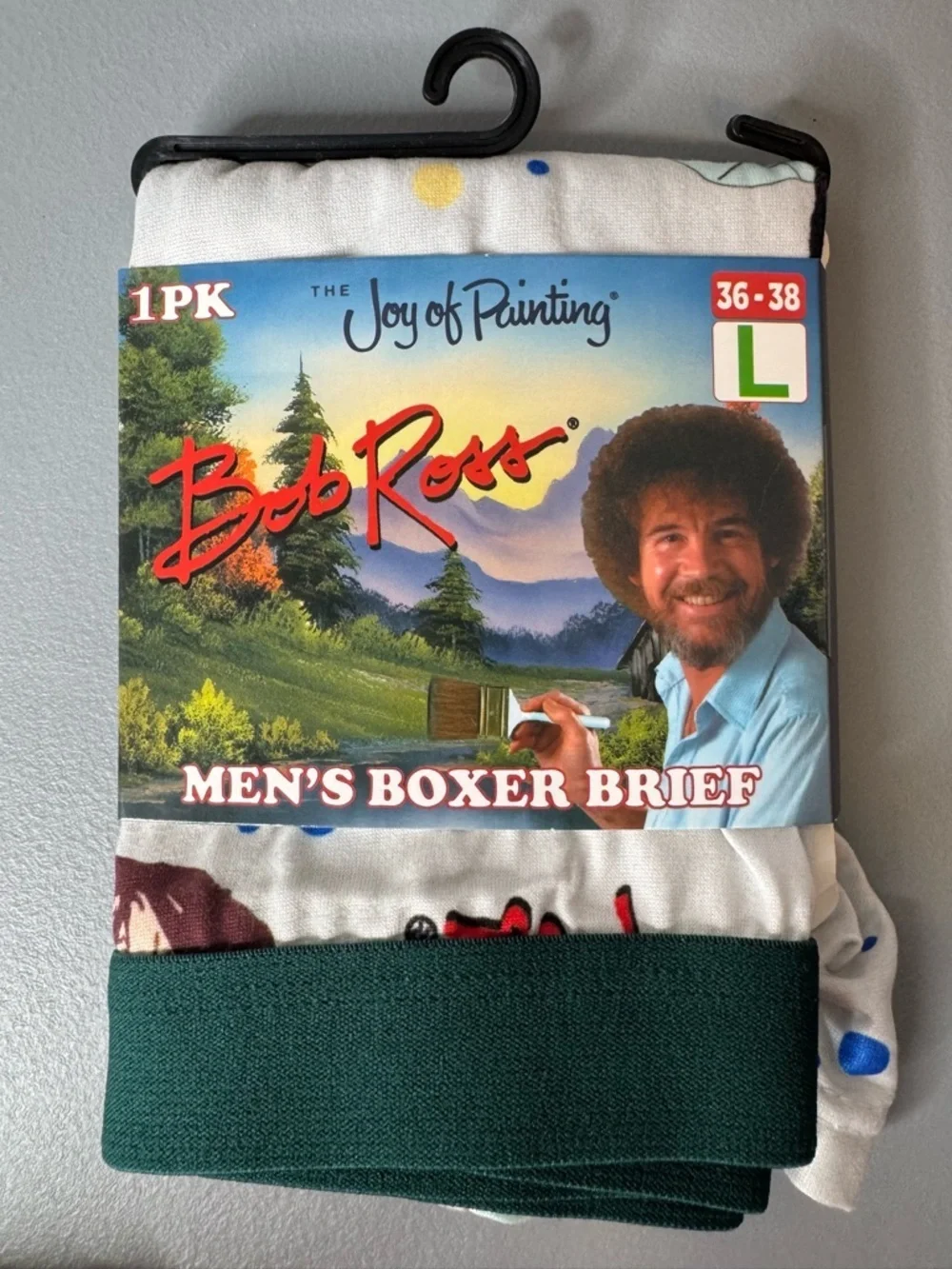 Bob Ross logo Men’s Boxer Briefs in White with Green Waistband size large paint